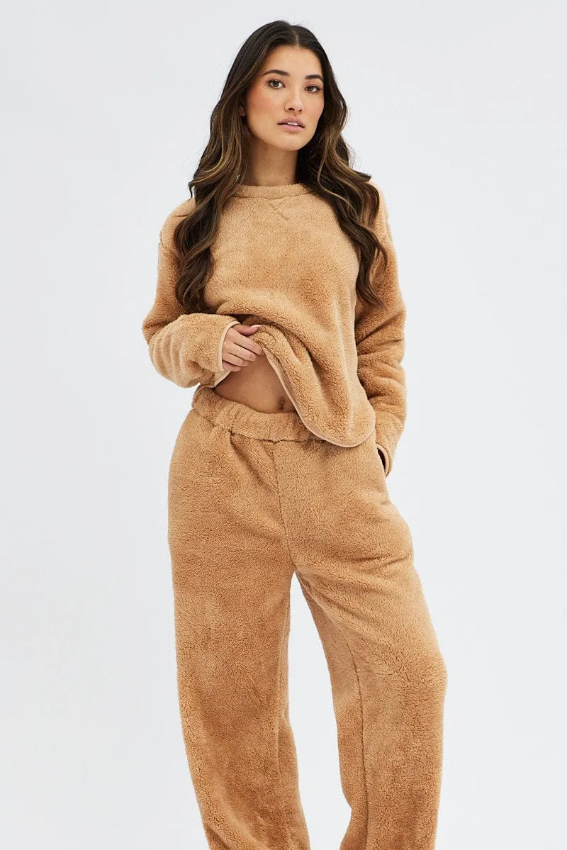 Camel Fluffy PJ Fleece Cosy Pyjama Set