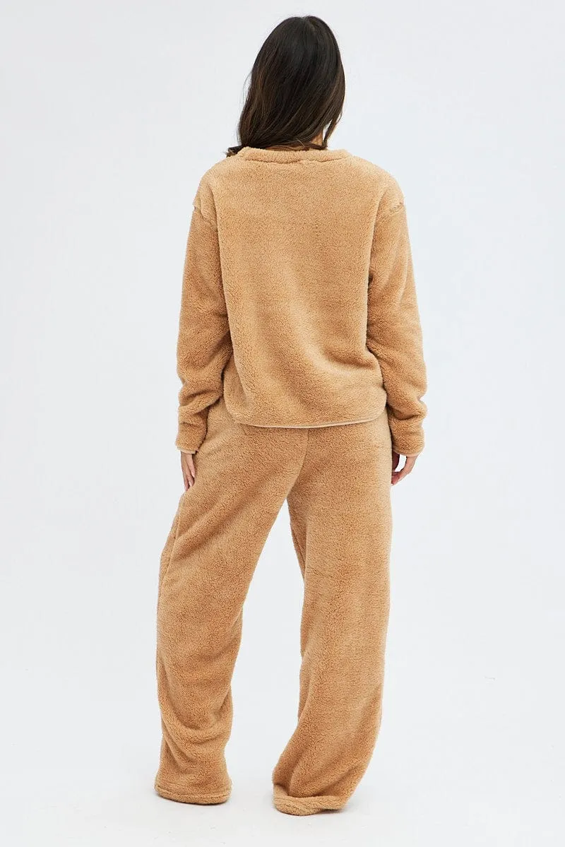 Camel Fluffy PJ Fleece Cosy Pyjama Set