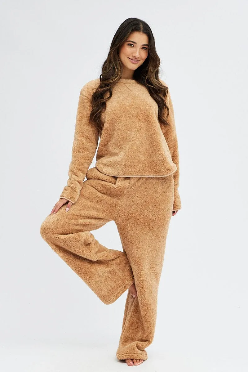 Camel Fluffy PJ Fleece Cosy Pyjama Set