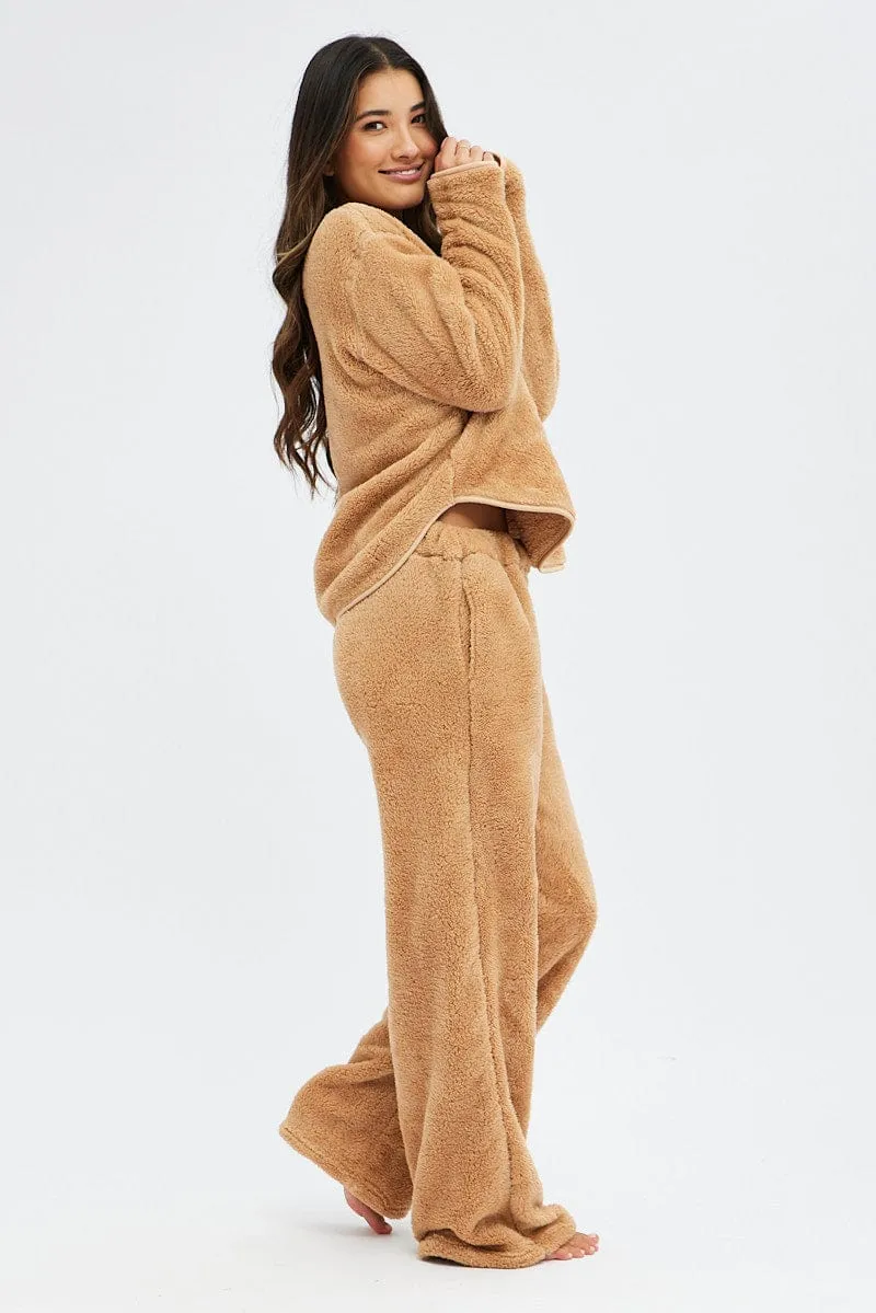 Camel Fluffy PJ Fleece Cosy Pyjama Set