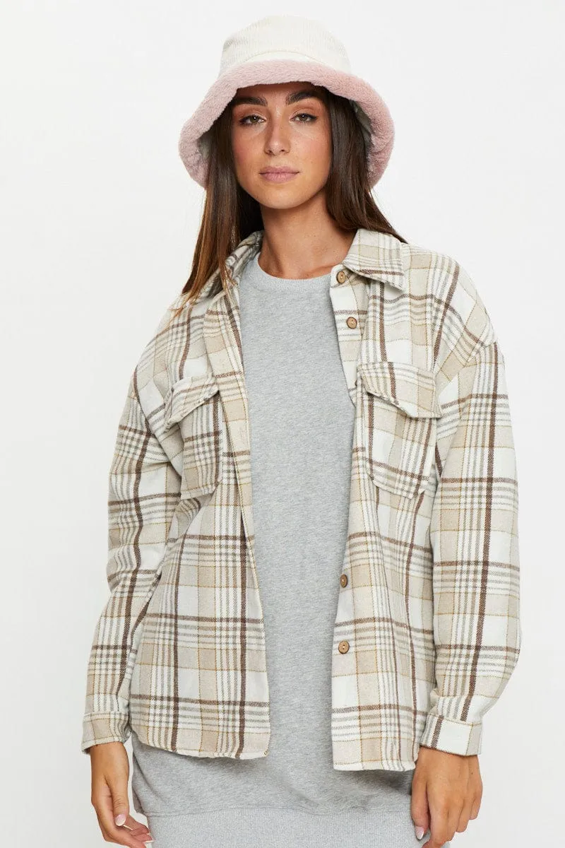 White Cord Teddy Fur Trim Bucket Hat