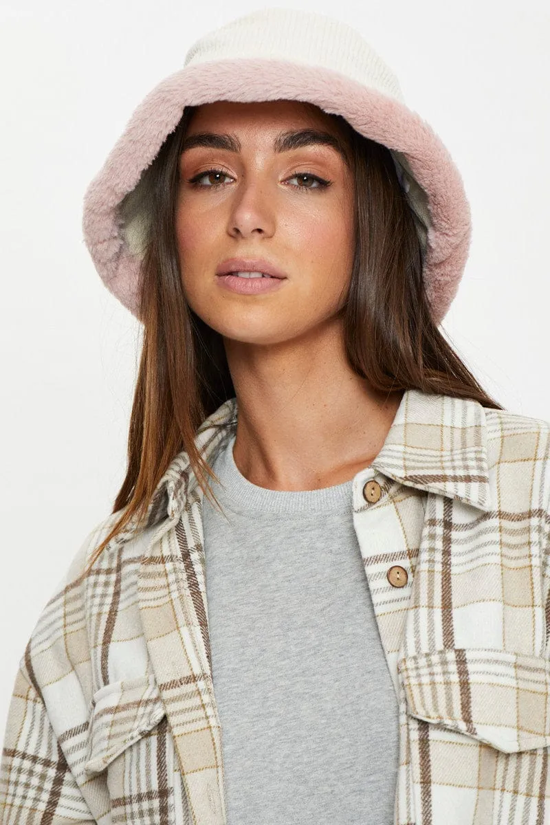 White Cord Teddy Fur Trim Bucket Hat